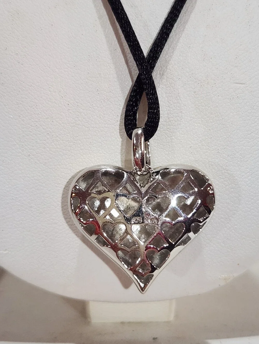 EMA Sterling Silver Enamel Heart Necklace with Silk Cord